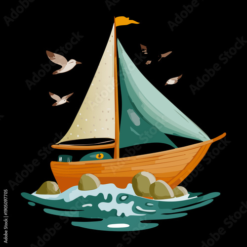 Small sailboat transportation near the rocky coast under a cloudy sky for a peaceful nautical sea journey