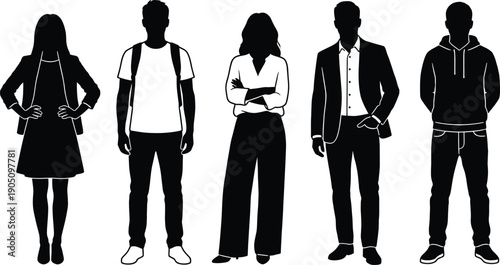 Diverse group of professional and casual people silhouettes, standing men and women in various business and urban fashion outfits