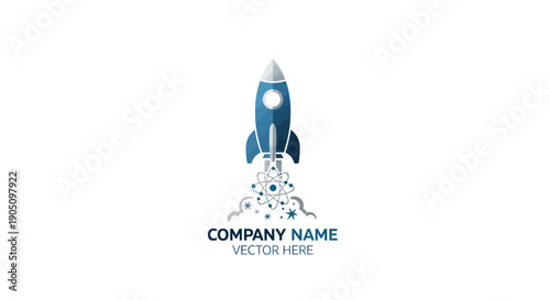 Blue Rocket Launching with Atomic Symbol and Stars, Vector Logo
