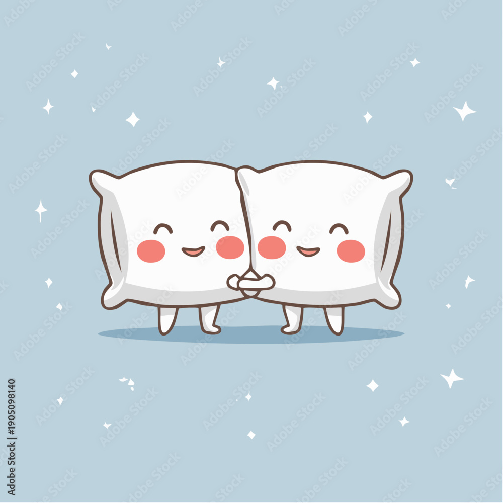 Naklejka premium Two adorable cartoon pillows with happy faces holding hands on a light blue background with stars, symbolizing friendship and comfort.