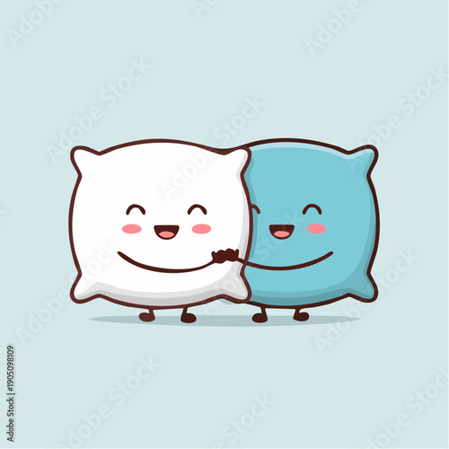 Two adorable cartoon pillows, one white and one blue, happily hugging each other on a light blue background.