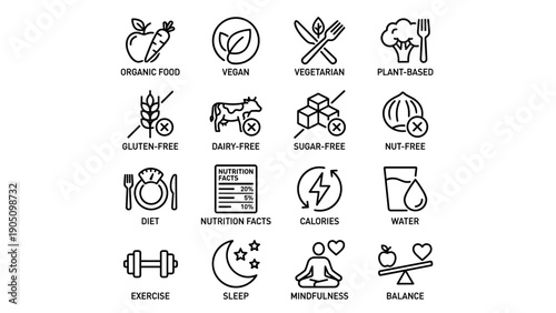 16 healthy eating line icons: organic food, vegan, vegetarian, plant-based, gluten-free, dairy-free, sugar-free, nut-free, diet, nutrition facts, calories, water, exercise, sleep, mindfulness,