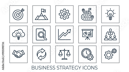 Professional Set of 15 Business Strategy Line Icons Featuring Target, Goal, Planning, Roadmap, Brainstorming, Analysis, Growth, Presentation, Teamwork, Partnership, Balance, and Time Management.