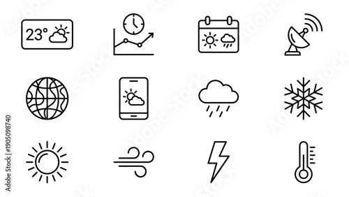 Set of 12 minimalist weather forecast line icons including temperature widget, hourly graph, weekly calendar, satellite radar, global map, mobile app, rain cloud, snowflake, sun, wind, and lightning.