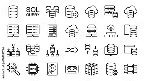 Set of database and server line icons featuring SQL query, server rack, cloud hosting, load balancing, data storage, CPU, hard drive, network architecture, and information technology symbols.