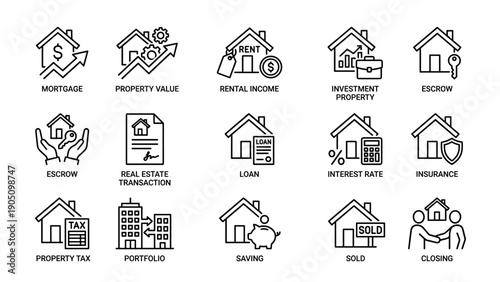 Set of 15 Minimalist Real Estate Finance Line Icons for Mortgage, Property Value, Rental Income, Investment, Escrow, Loan, Interest Rate, Insurance, Property Tax, Portfolio, Saving, and Closing.