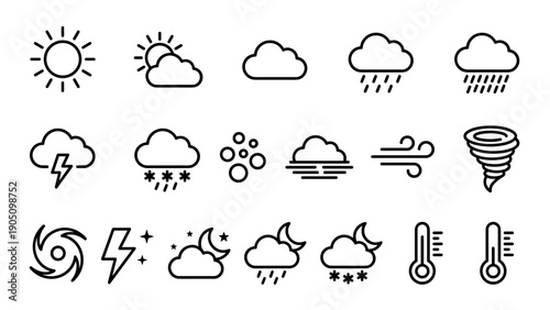 Set of 18 Minimalist Weather Line Icons Featuring Sun, Clouds, Rain, Snow, Storm, Fog, Wind, Tornado, Hurricane, Lightning, Moon, and Thermometers for Forecast and Temperature Graphic Design.