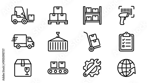 Set of 12 minimalist warehouse and inventory management line icons featuring forklift, delivery truck, barcode scanner, shipping container, conveyor belt, and logistics symbols for business.