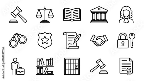 Set of 15 Law and Justice Legal Line Icons in Minimalist Vector Style; Featuring Gavel, Scales of Justice, Courthouse, Judge, Handcuffs, Police Badge, Contract, Handshake, Lock, and Prison Bars.