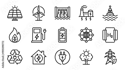 Set of 15 Sustainable Energy and Green Power Line Icons with Solar Panels, Wind Turbines, Hydroelectric Dams, EV Charging, Battery Storage, Hydrogen Fuel, and Eco-Friendly Technology Vector Symbols.
