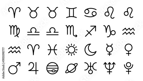 Minimalist Astrology and Zodiac Sign Line Icon Set Featuring Aries Taurus Gemini Cancer Leo Virgo Libra Scorpio Sagittarius Capricorn Aquarius Pisces Sun Moon and Planetary Symbols in Vector Style.