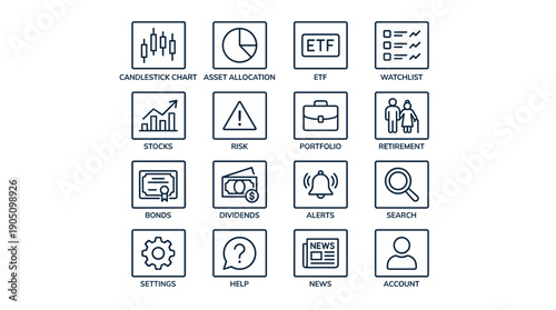 Set of 16 thin line icons for investing and finance UI/UX design featuring candlestick chart, asset allocation, ETF, watchlist, stocks, risk, portfolio, retirement, bonds, dividends, and news.
