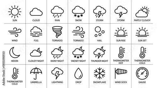 Comprehensive Set of Weather Forecast Line Icons and Symbols. Minimalist Vector Graphics Featuring Sun, Rain, Snow, Storm, Wind, Tornado, Temperature, and Night Sky Elements on White Background.