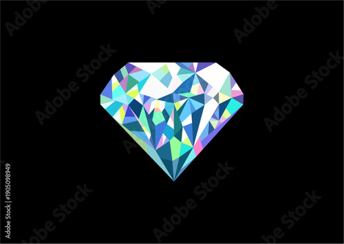 Radiant diamond with intricate facets, glowing in rainbow hues against a black background, symbolizing purity and luxury brilliance.