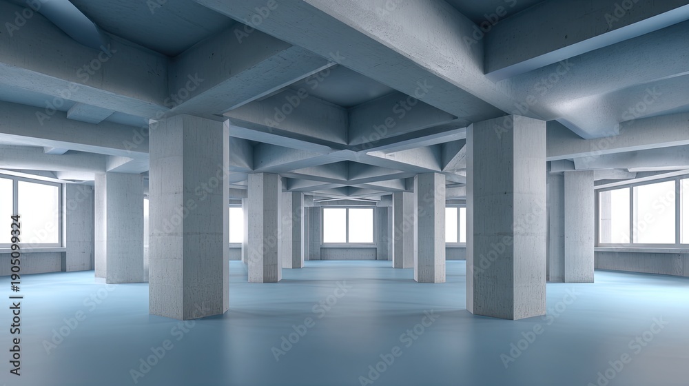 Fototapeta premium Spacious and Modern Industrial Interior with Concrete Pillars and Large Windows Allowing Natural Light in an Unfinished Area Ready for Customization