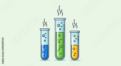 Three steaming laboratory test tubes with colorful bubbling liquids