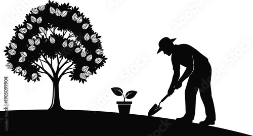 Silhouette farmer planting tree seedling with shovel, agriculture illustration, gardening concept, eco-friendly environment conservation, nature care, reforestation vector design for sustainability 