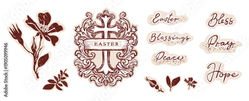 Hand drawn easter floral wreath with christian cross printable greeting card. Flat isolated vector design with botanical motif and block print flower. For Holy week blessings greetings card.