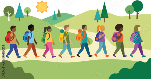 Diverse Group of Young Children Hiking and Walking Together on a Nature Trail Under a Bright Sun, Vector Illustration