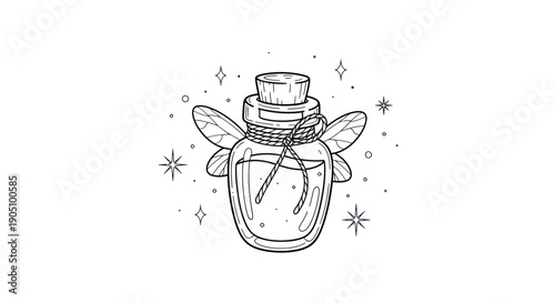 Fairy Potion Bottle with Wings and Sparkles - Hand-Drawn Illustration