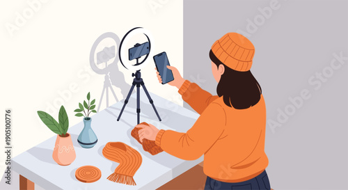 Woman creating content with smartphone and ring light.