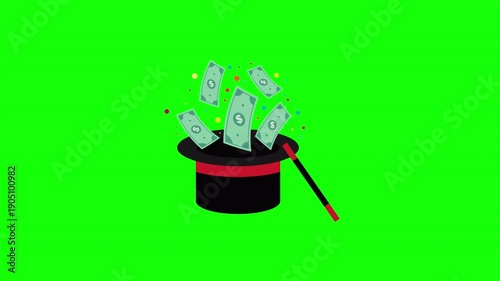 A magician's hat with money bills flying out, symbolizing wealth and magic concept icon animation with alpha channel