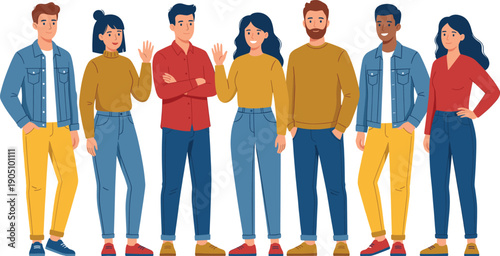 Diverse multicultural group of people standing together, wearing casual trendy clothes, smiling and waving, flat vector illustration character design