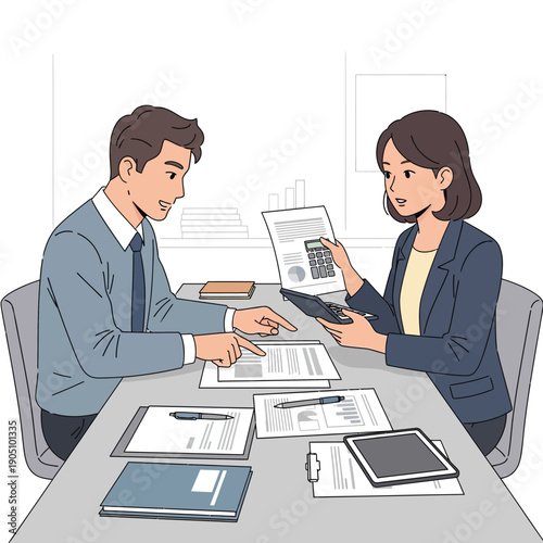 Business meeting with financial documents and calculator.