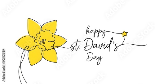 Minimalist St. David's Day Greeting with Single Line Daffodil Drawing and Script Text on White
