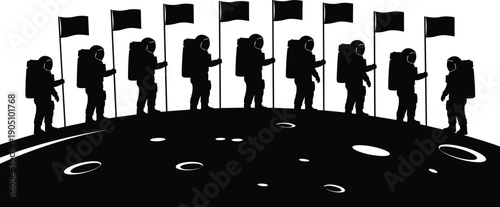 Vector, black, silhouette, illustration, of, a, team, of, astronauts, holding, flags, on, the, moon, surface, for, space, exploration, mission, and, lunar, discovery, design