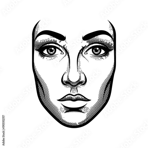 Detailed black and white female face illustration.