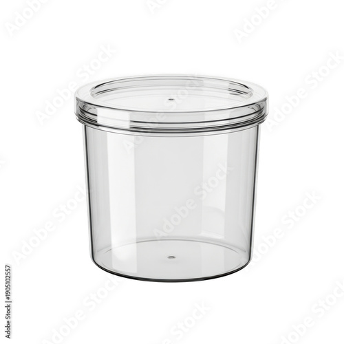 A clear plastic container with a lid on a white background