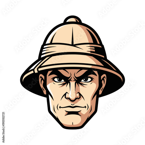 Man Wearing Pith Helmet Serious Expression.