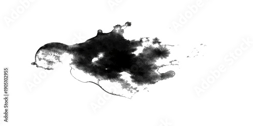 A grunge vector illustration of black ink splashes and falling blots creating a dirty paint splatter texture with artistic liquid drips and spray stains on a white silhouette frame