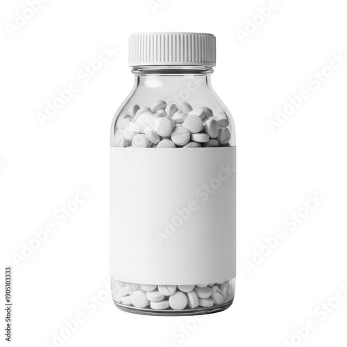 A clear plastic bottle with white pills