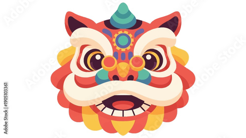 A colorful lion dance mask with intricate design on a white background, symbolizing traditional Chinese culture and festive events.