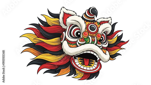 Vibrant lion dance head illustration with colorful mane and traditional design elements on a white background, conveying a festive and cultural mood.