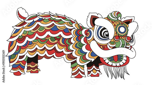 Colorful illustration of a lion dance design on a white background, showcasing traditional Chinese culture and a vibrant animal motif.