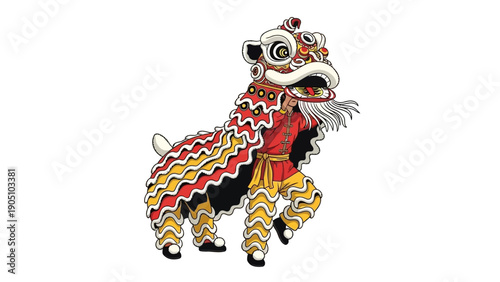 A colorful lion dance illustration performing a traditional Chinese dance on a white background, showcasing cultural design and artistic details.