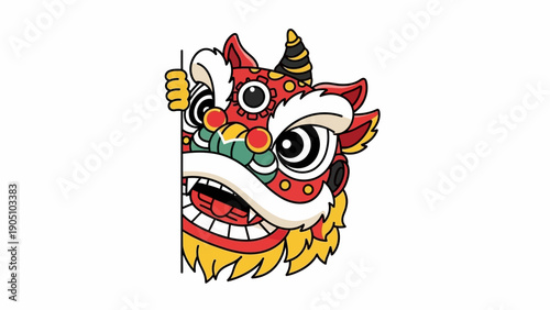 A colorful illustration of a lion's head with vibrant decorations, representing a traditional Chinese lion dance on a white background.