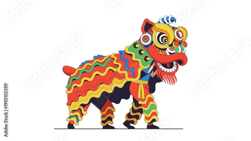 A colorful lion illustration in traditional Chinese design for a cultural event or festival, showcasing a vibrant lion dance performance.