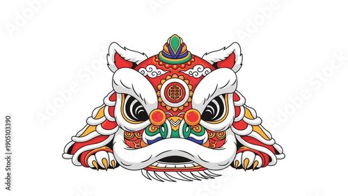 Illustration of a lion's head with colorful traditional Chinese design elements on a white background, symbolizing a cultural lion dance.