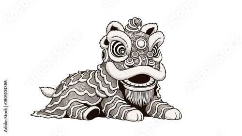 A traditional lion dance illustration of a lion with a bold design on a white background, conveying a cultural and festive atmosphere.