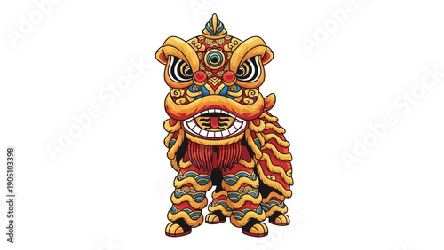 Vibrant lion dance performance on a white background, showcasing traditional Chinese culture through colorful costume and dynamic design.