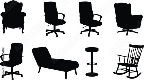 chair silhouette set, furniture collection, office armchair rocking seat, interior decor vector illustration