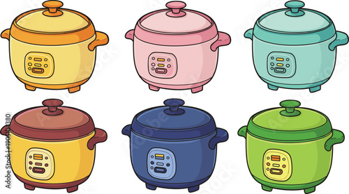 rice cooker set, colorful kitchen appliance, electric cooking pot, modern home food vector illustration