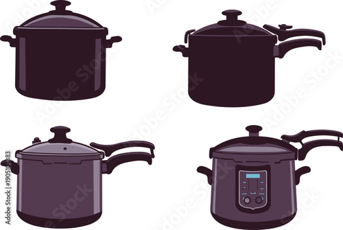pressure cooker set, kitchen cooking pot, stainless steel appliance, home cookware equipment, vector illustration