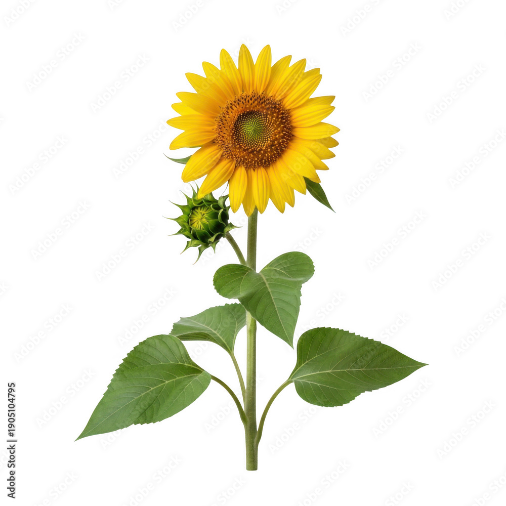 Naklejka premium A sunflower with a small bud and green leaves on a white background