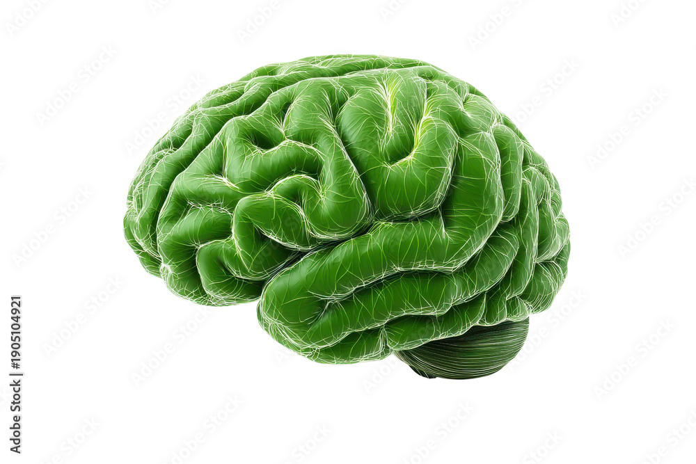 Obraz premium Green human brain with detailed gyri and sulci on black background anatomy organ, Png, Isolated on Transparent Background, Cut Out