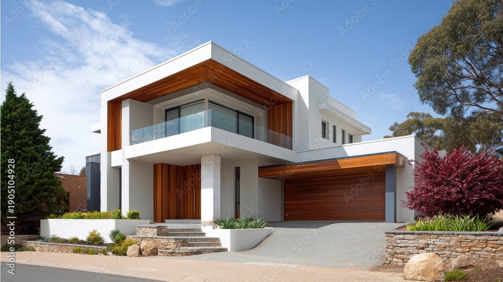 Fototapeta premium Modern Architectural Design of a Contemporary Home with White Facade and Wooden Accents Surrounded by Lush Greenery and Clear Blue Sky